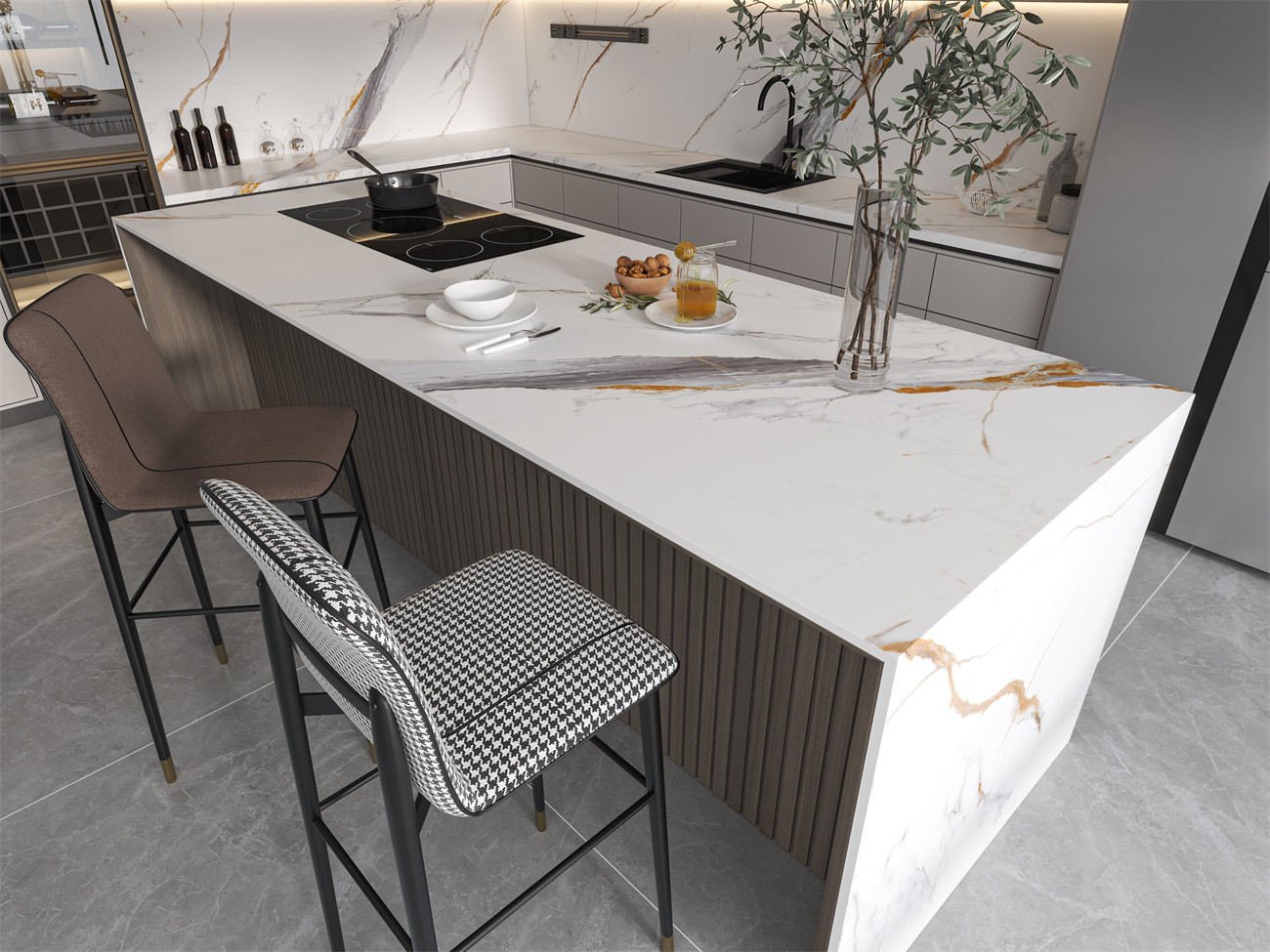 12Y163206A雕刻魚肚金1面混鋪中島臺臺面